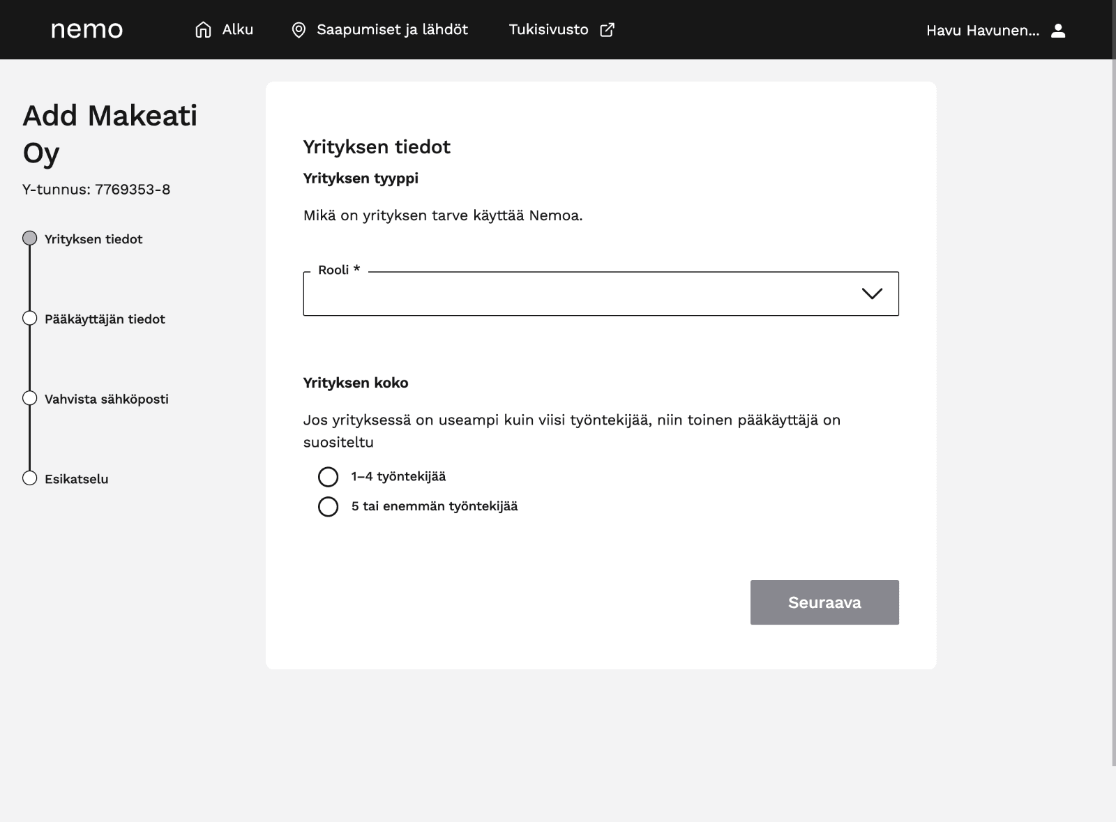Täytä organisaatiota koskevat tiedot lomakeen kaikkiin vaihekohtiin